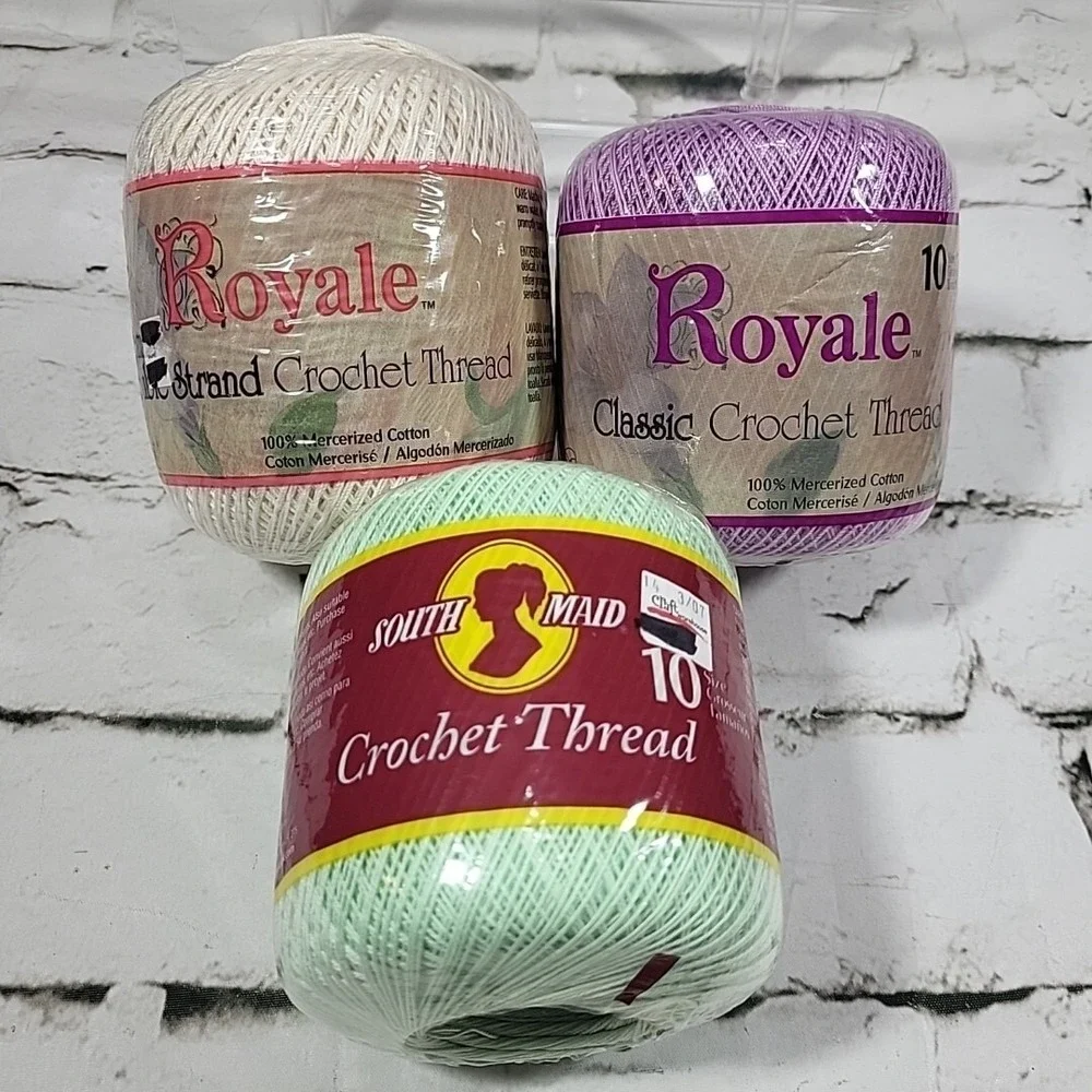 Royale Crochet Thread‎ Lot Of 3 Spools Natural White Violet Mint Green New